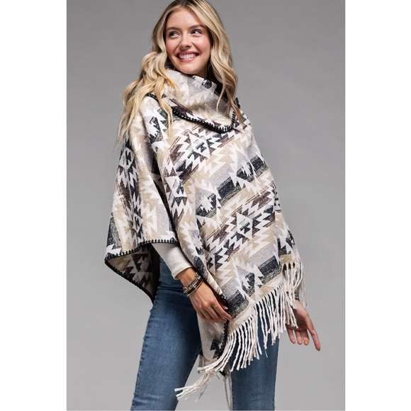 Sweaters - Western Poncho Sweater Fringe Tassels One Size Wrap White Gray